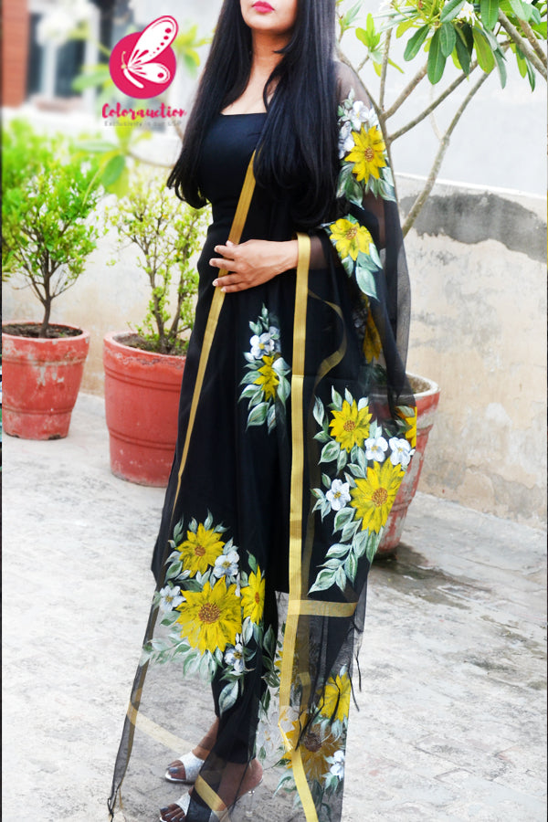 Black Pure Organza Sunflower Hand painted Stole