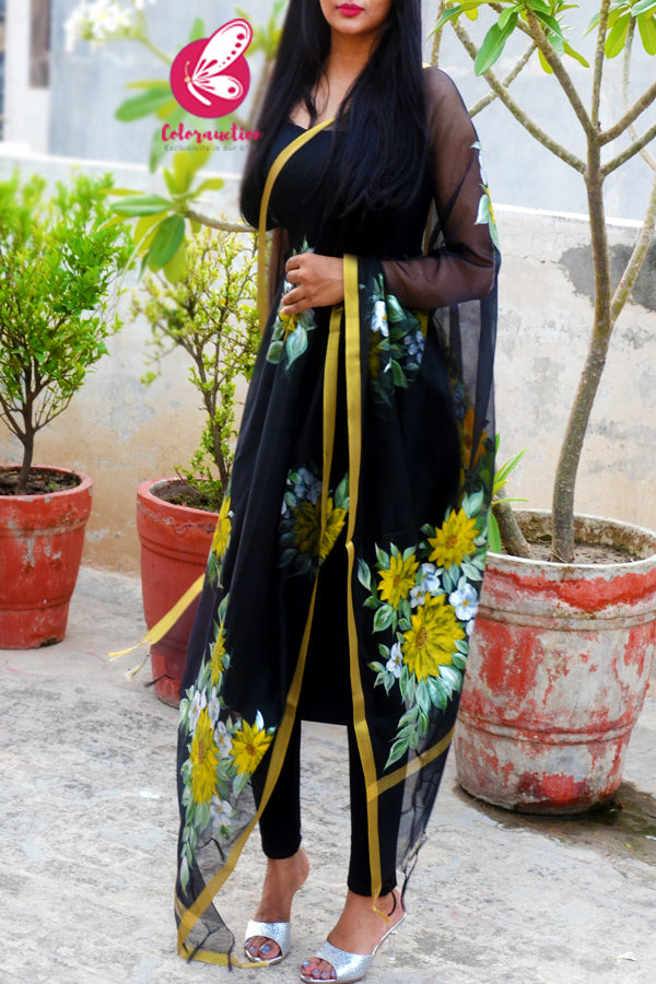 Black Pure Organza Sunflower Hand painted Stole