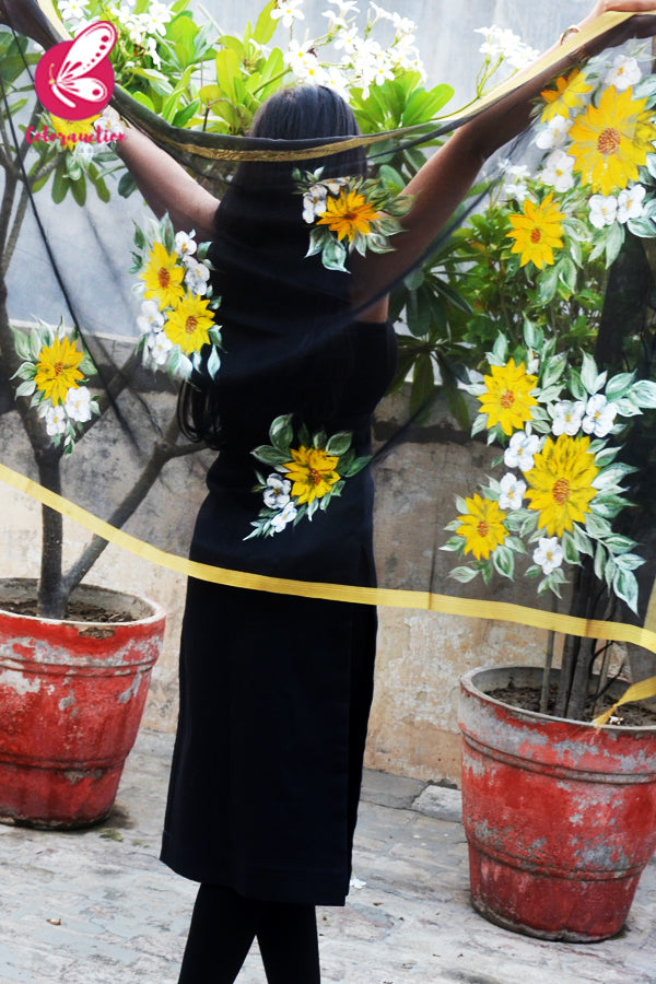 Black Pure Organza Sunflower Hand painted Stole