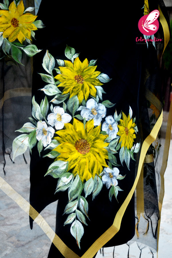 Black Pure Organza Sunflower Hand painted Stole