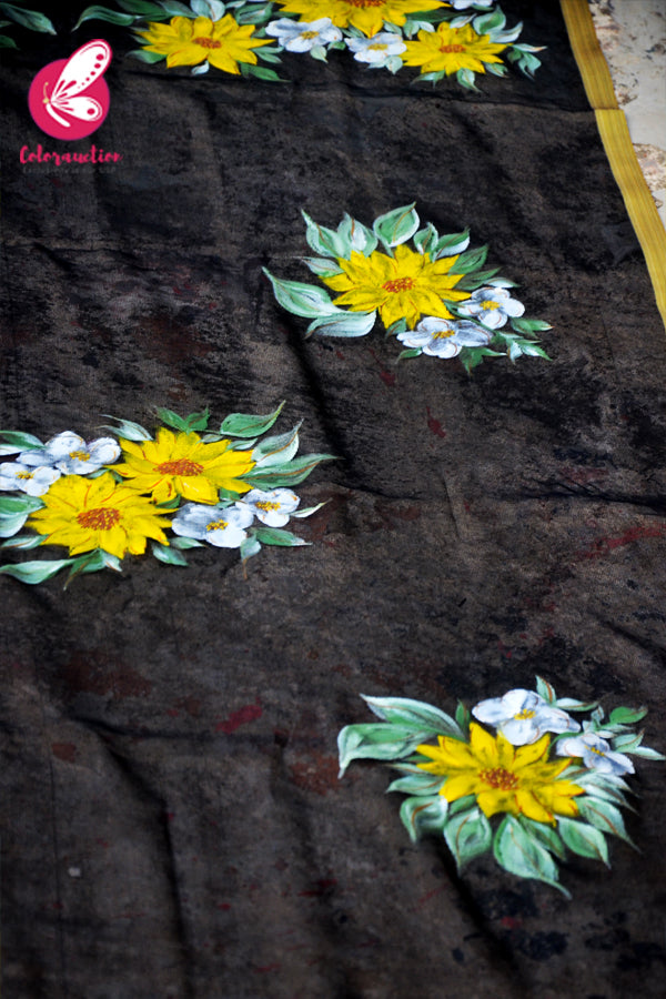 Black Pure Organza Sunflower Hand painted Stole