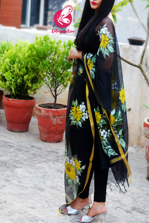 Black Pure Organza Sunflower Hand painted Stole