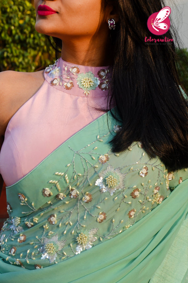 Mint Green Pure Silk Chiffon Sequins Pearl Handwork Saree