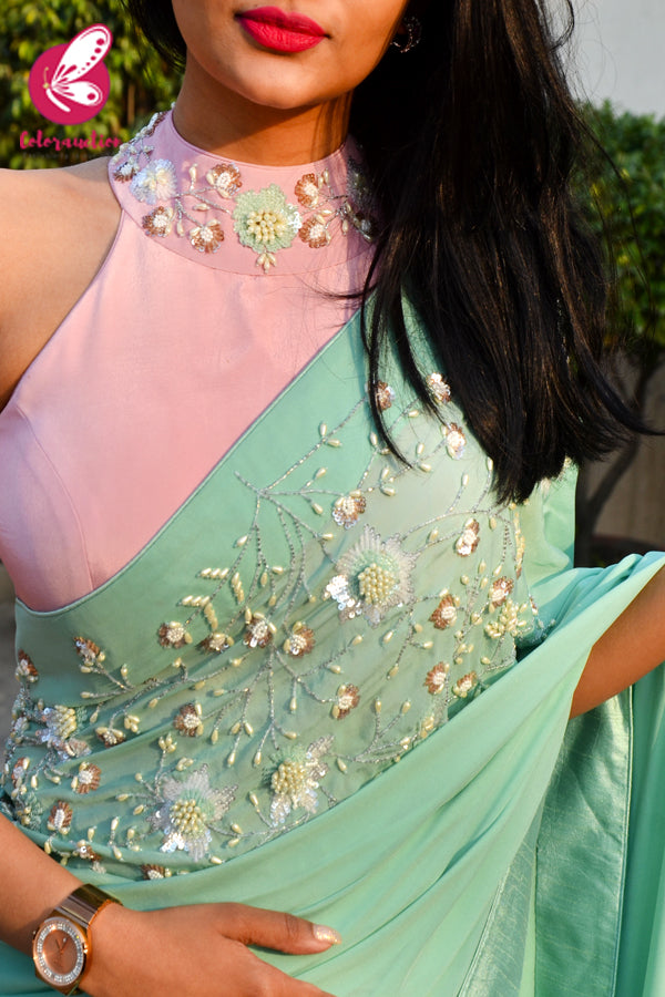 Mint Green Pure Silk Chiffon Sequins Pearl Handwork Saree