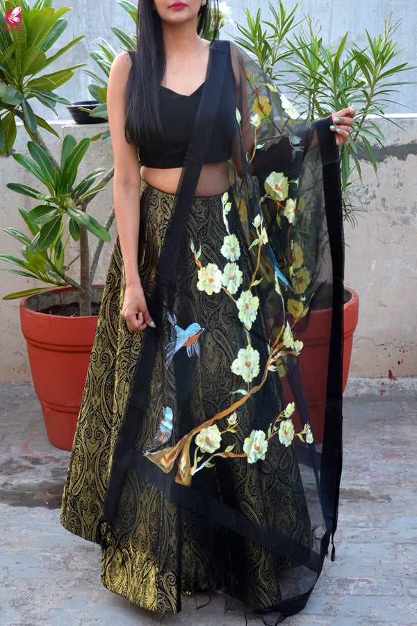 Black Organza Hand painted Floral Stole