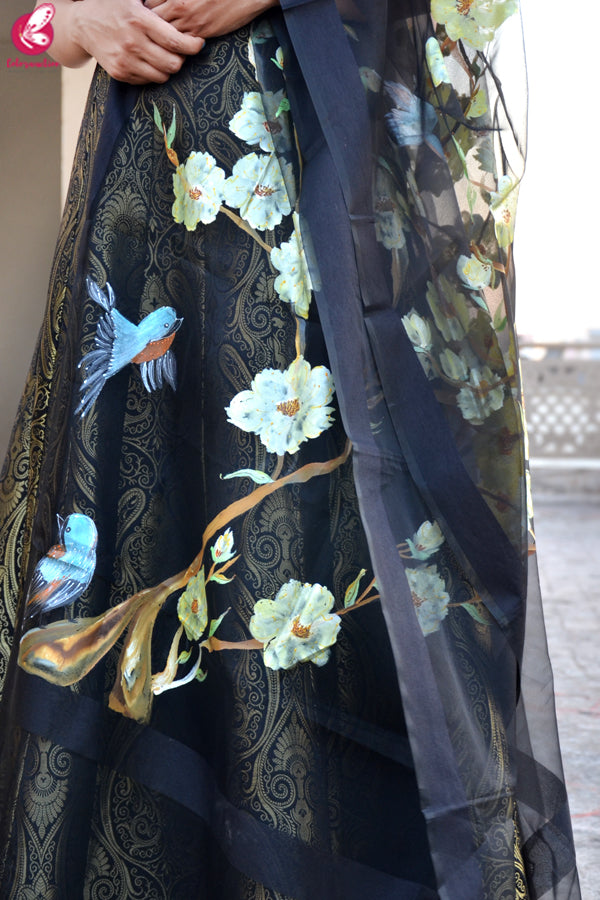 Black Organza Hand painted Floral Stole