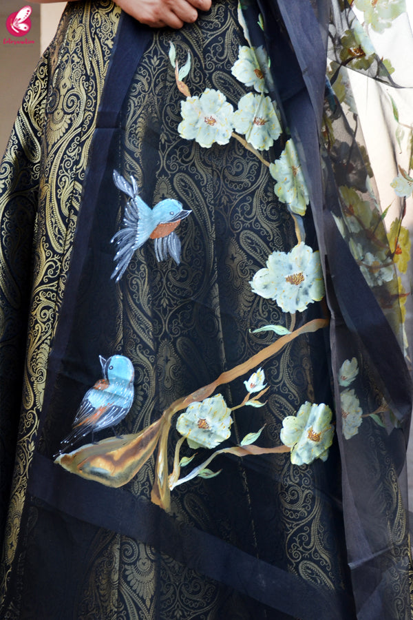 Black Organza Hand painted Floral Stole