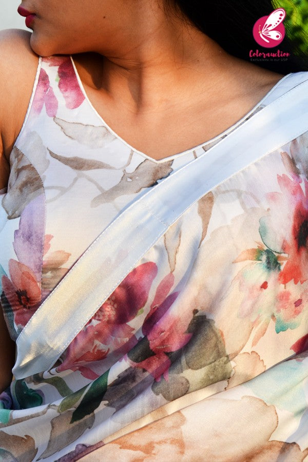 Off White Multicoloured Printed Satin Tassels Backless Padded Blouse