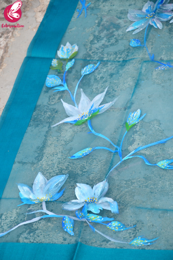 Teal Green Organza Hand painted White Floral Stole