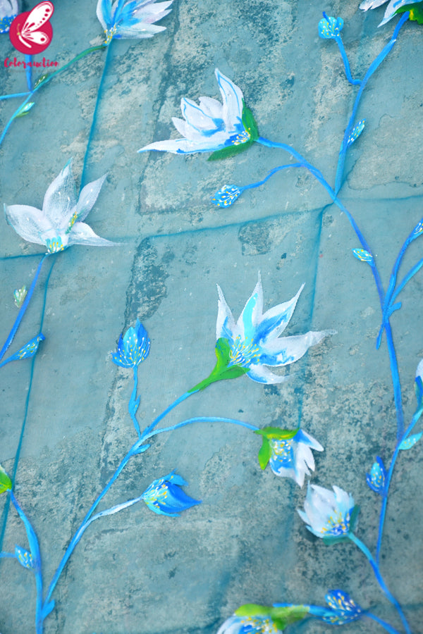 Teal Green Organza Hand painted White Floral Stole