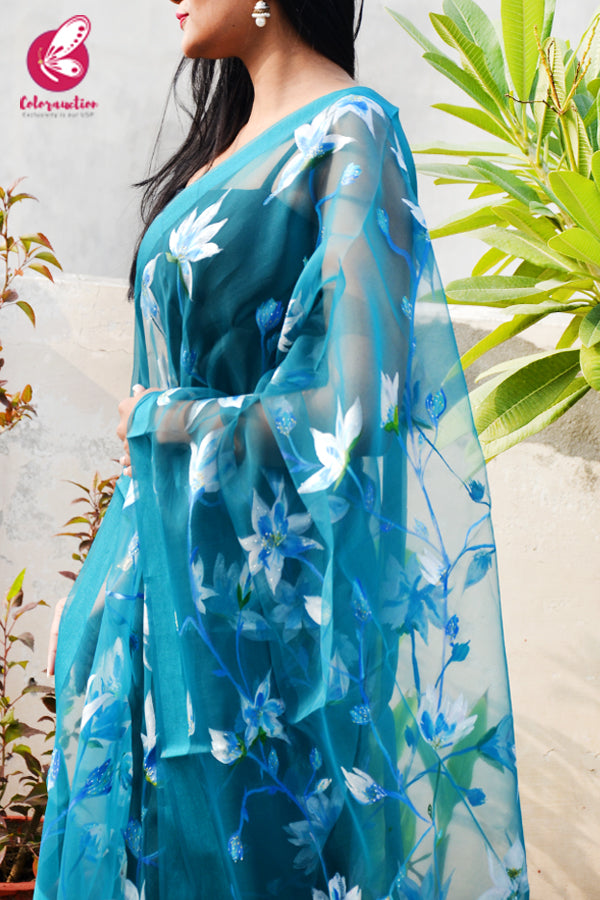 Teal Green Organza Hand painted White Floral Stole