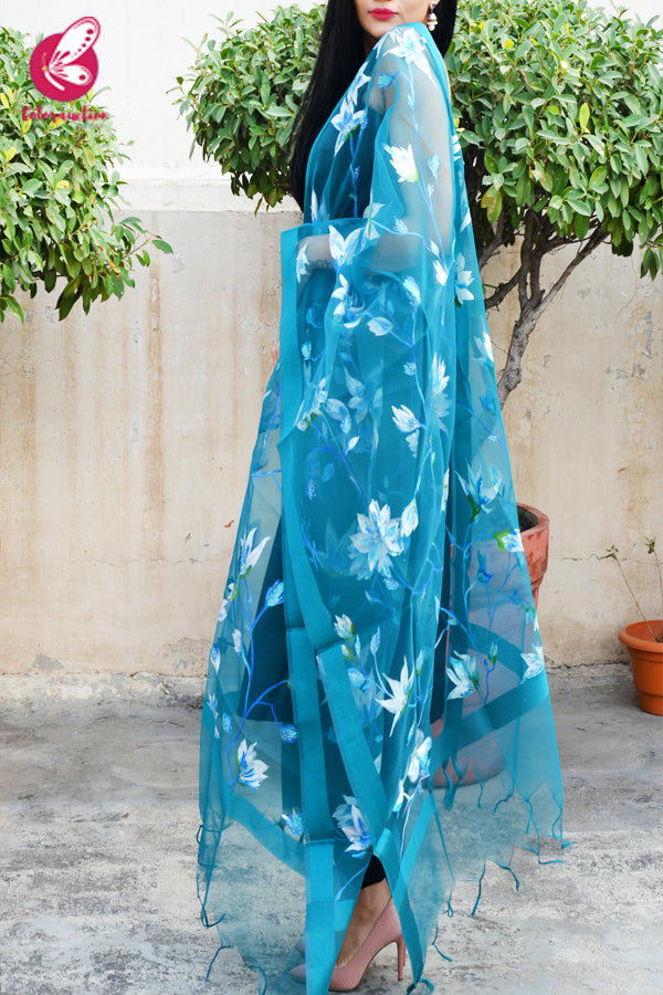 Teal Green Organza Hand painted White Floral Stole