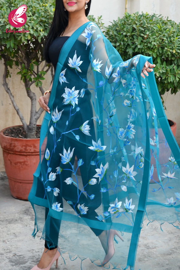 Teal Green Organza Hand painted White Floral Stole