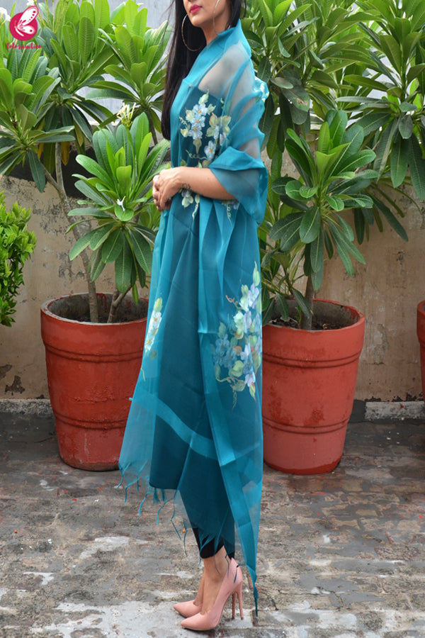 Teal Green Organza Floral Handpainted Stole