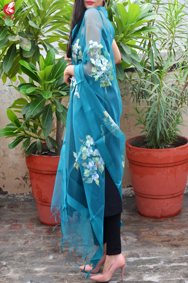 Teal Green Organza Floral Handpainted Stole