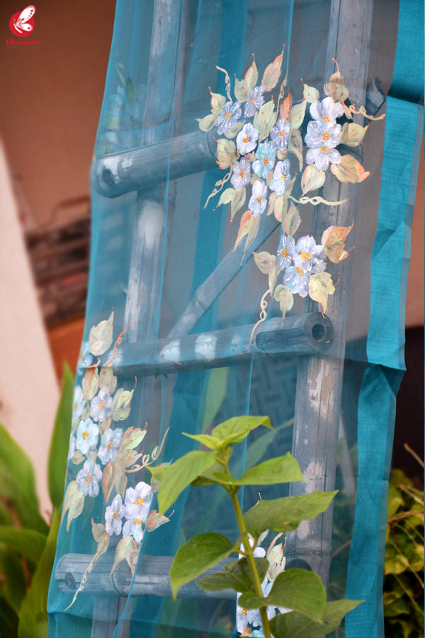 Teal Green Organza Floral Handpainted Stole
