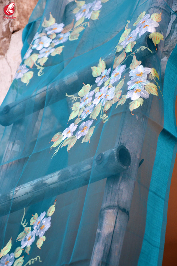 Teal Green Organza Floral Handpainted Stole