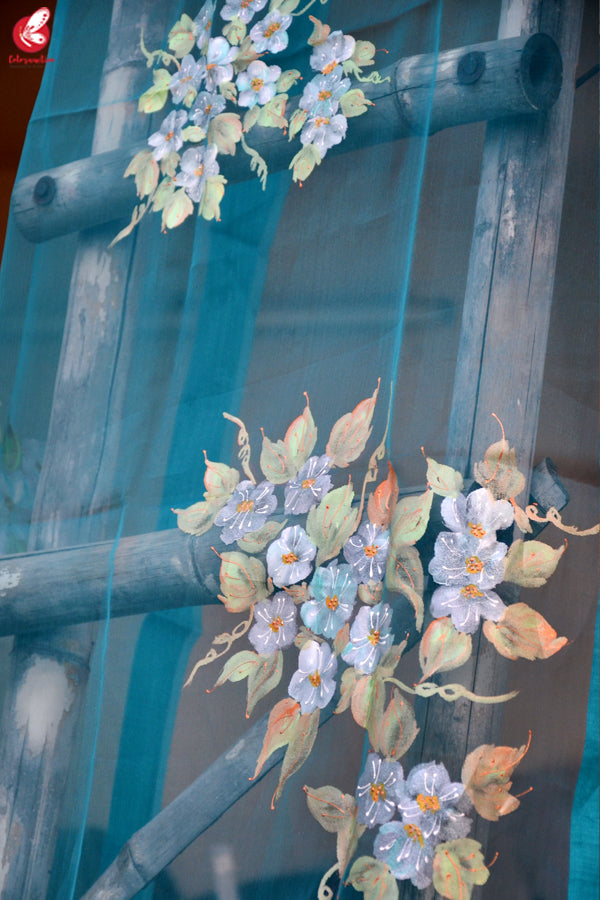 Teal Green Organza Floral Handpainted Stole