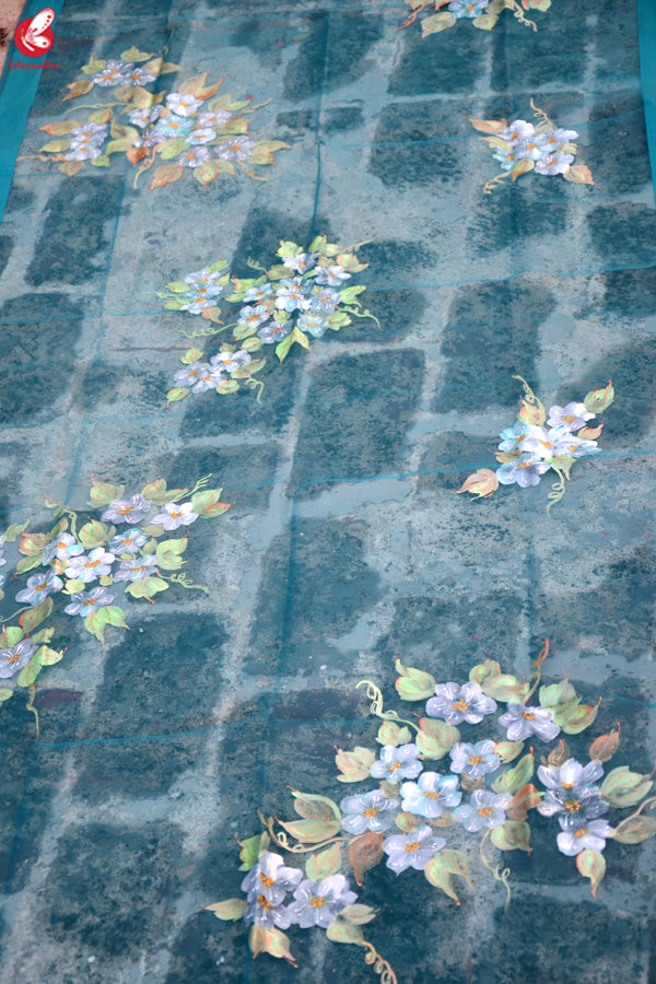 Teal Green Organza Floral Handpainted Stole