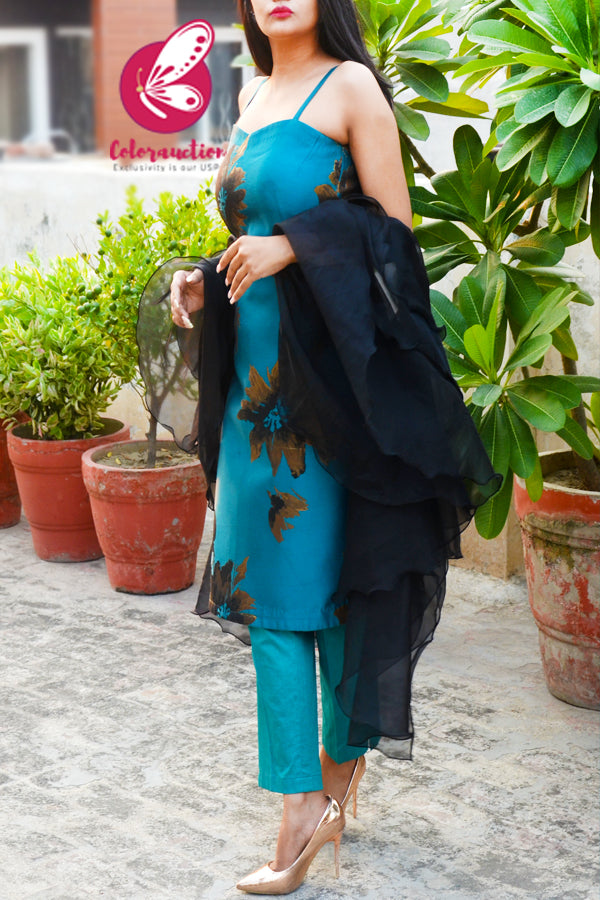 Teal Blue &amp; Golden Brocade Silk Padded Kurti with Cyan Cotton Silk Pants and Black Pure Organza Three-Tier Ruffle Stole