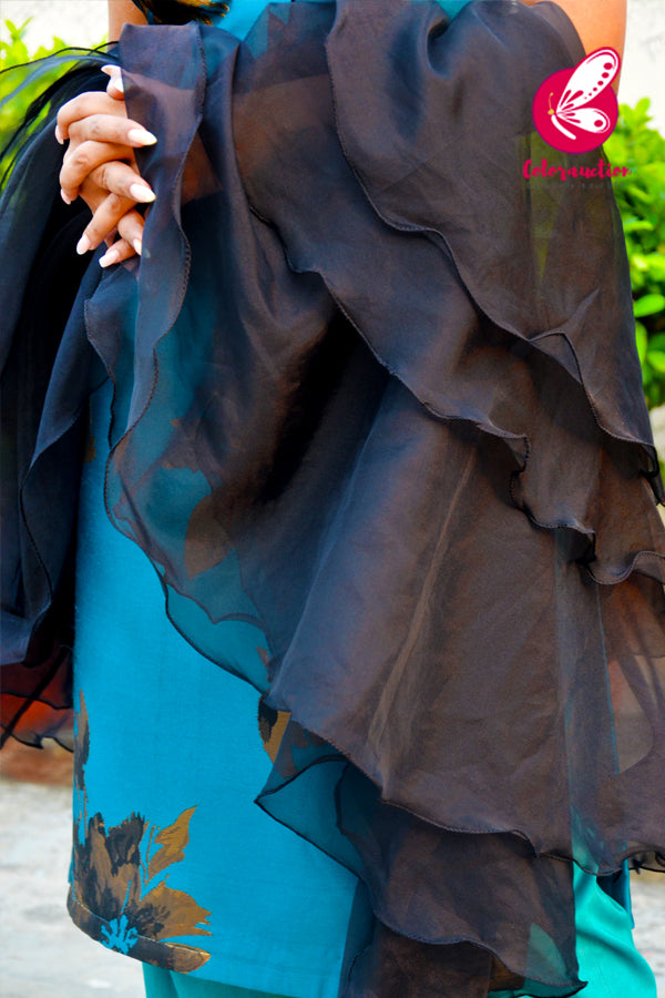 Teal Blue &amp; Golden Brocade Silk Padded Kurti with Cyan Cotton Silk Pants and Black Pure Organza Three-Tier Ruffle Stole
