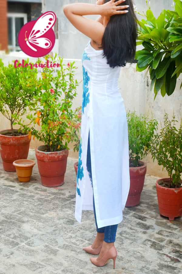 White Pure Linen Sleeveless Patch Work Kurti