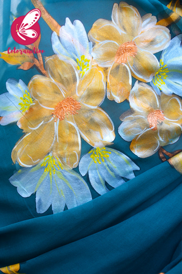Teal Hand Painted Floral Pure Silk Chiffon Parrot Saree