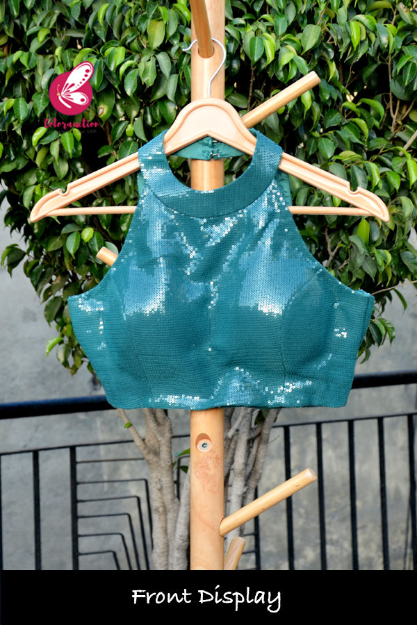 Teal Sequins Backless Blouse