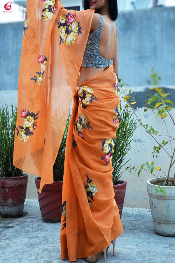 Teak Organdy Applique Floral Saree