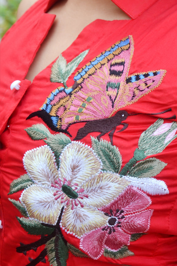 Red Floral Butterfly Embroidered Cotton Silk Sleeveless Kurti with Red Cotton Silk Pants Kurti Set