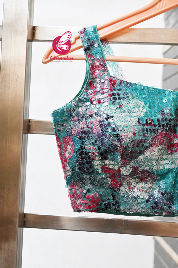 Multicoloured Sequins Net Padded Backless Blouse