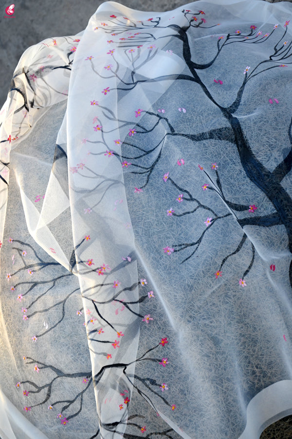 White Organza Hand painted Tree Stole