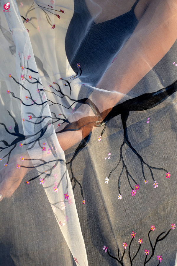 White Organza Hand painted Tree Stole
