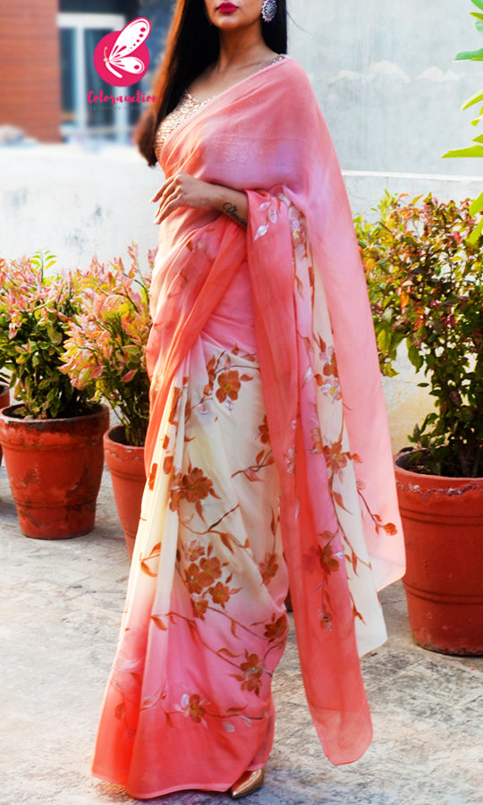 Peach & Off White Double Shaded Chinon Saree