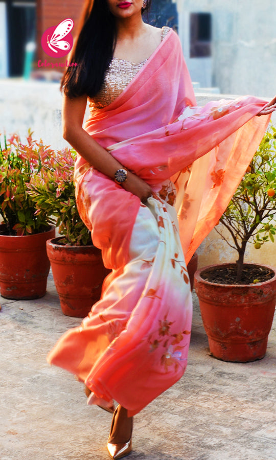 Peach &amp; Off White Double Shaded Chinon Saree
