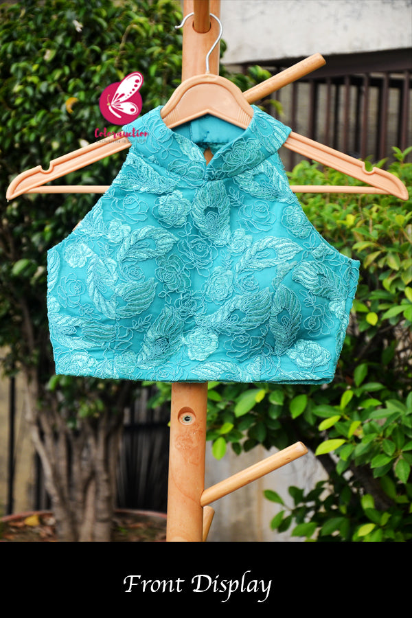Turquoise Embroidered Net Padded Backless Blouse