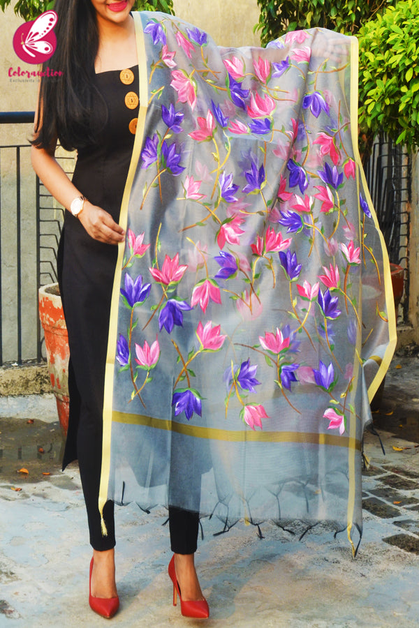 Grey Organza Hand painted Pink Purple Floral Stole