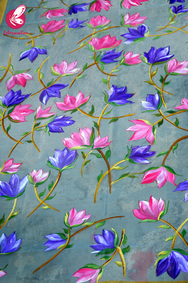 Grey Organza Hand painted Pink Purple Floral Stole