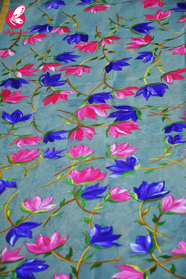 Grey Organza Hand painted Pink Purple Floral Stole