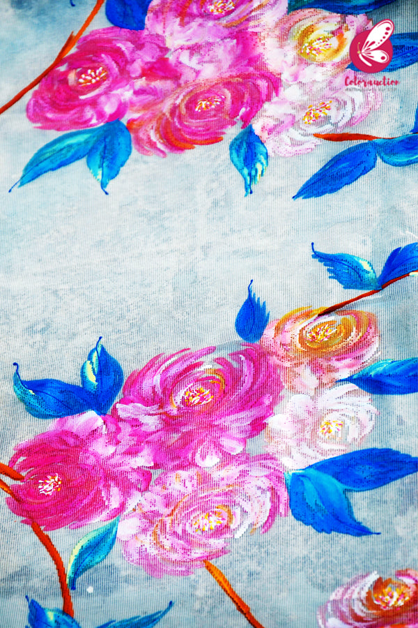 Off White Chanderi Hand painted Floral Stole