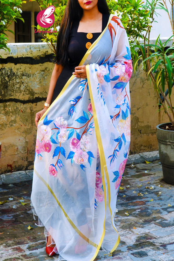 Off White Chanderi Hand painted Floral Stole