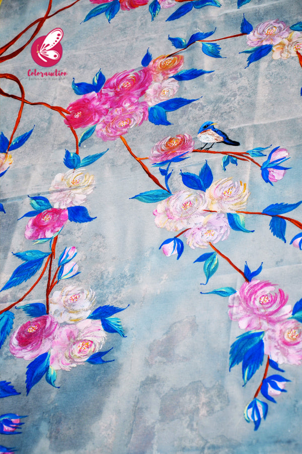 Off White Chanderi Hand painted Floral Stole