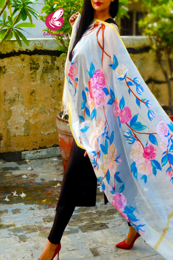 Off White Chanderi Hand painted Floral Stole