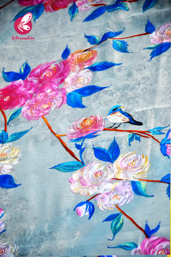 Off White Chanderi Hand painted Floral Stole