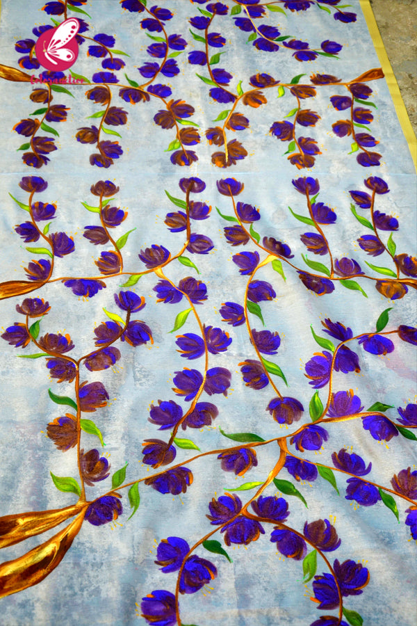 White Pure Organza Floral Purple Orange Hand painted Stole