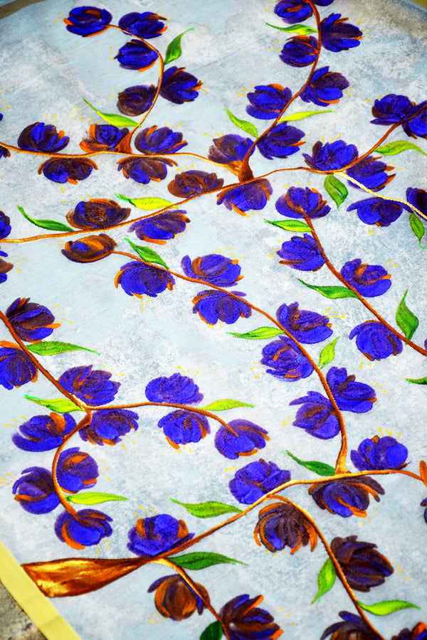 White Pure Organza Floral Purple Orange Hand painted Stole