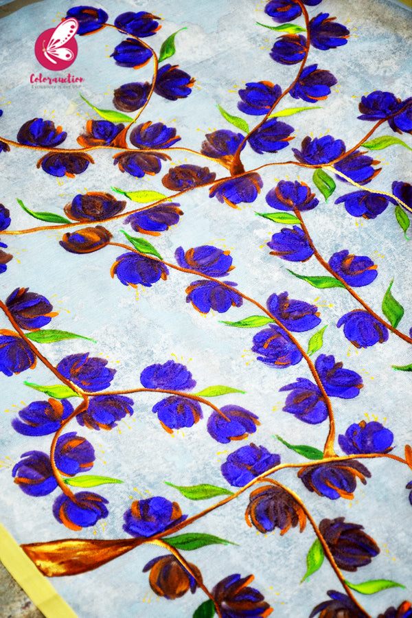 White Pure Organza Floral Purple Orange Hand painted Stole