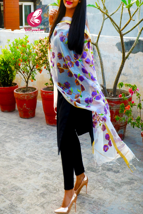 White Pure Organza Floral Purple Orange Hand painted Stole