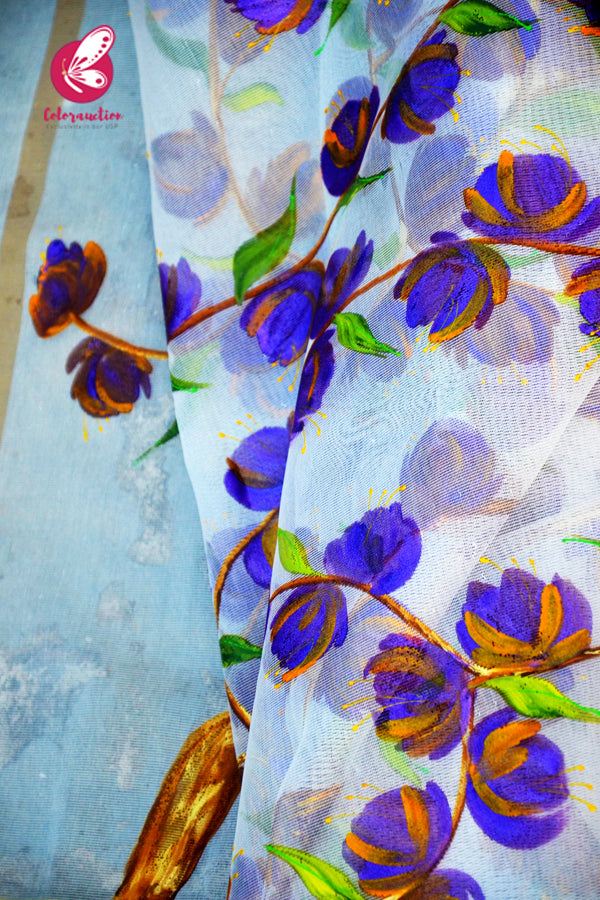 White Pure Organza Floral Purple Orange Hand painted Stole