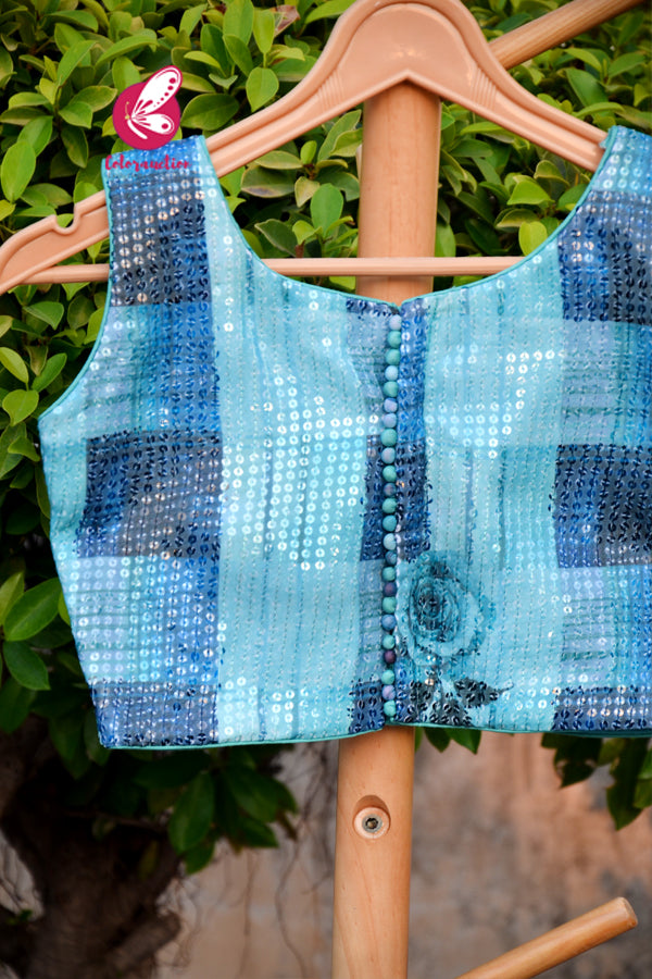 Sky Blue &amp; Blue Floral Sequins Padded Blouse